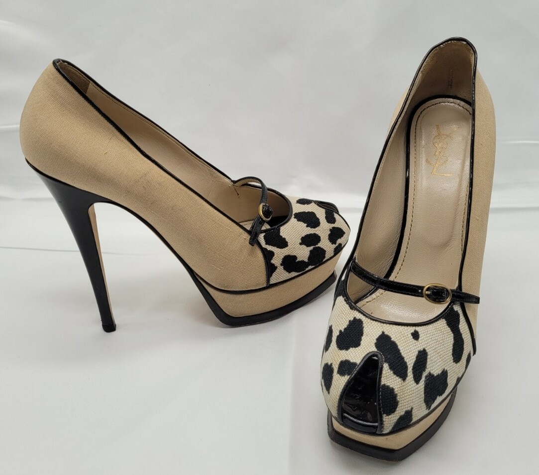 Decolte tacco alto YSL Yves Saint Laurent stampa leopardata punta aperta misura 39 5 9 5