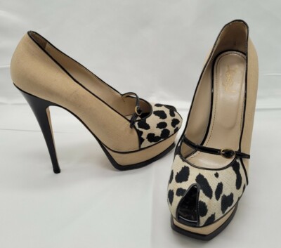 YSL Yves Saint Laurent Leopard Print open peep Toe High Heel Pumps