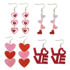 4 Pairs Valentine's Earrings for Women Love Heart Dangle Earrings Valentines ...
