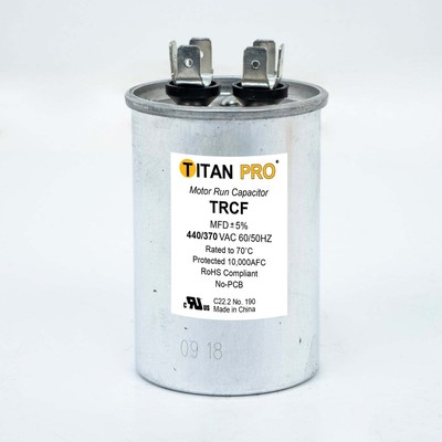 TitanPro TRCF80 HVAC Round Dual Run Capacitor - 80 MFD/UF, 440/370 Volts, For AC Units & Heat Pumps