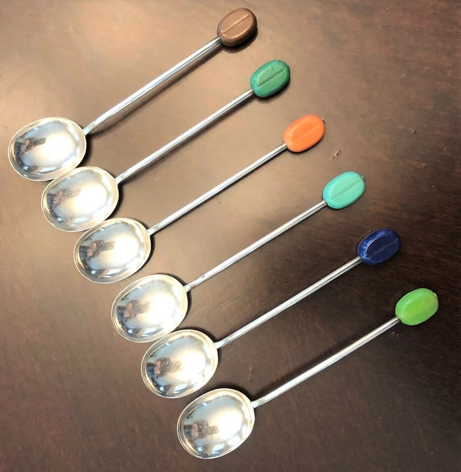 РЕДКИЙ винтажный эмалированный серебро 6 разноцветные бобы ложки комплект 1951 Шеффилд - Изображение 2 из 4