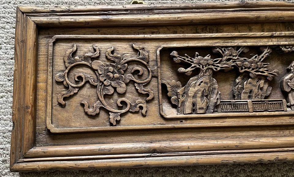 Large Vintage Old Chinese Window Carving Panel Wall Hanging Garden Maidens Decor - Image 2 of 4