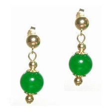 8MM DARK GREEN JADE 14K YELLOW GOLD 5MM BALL POST EARRINGS