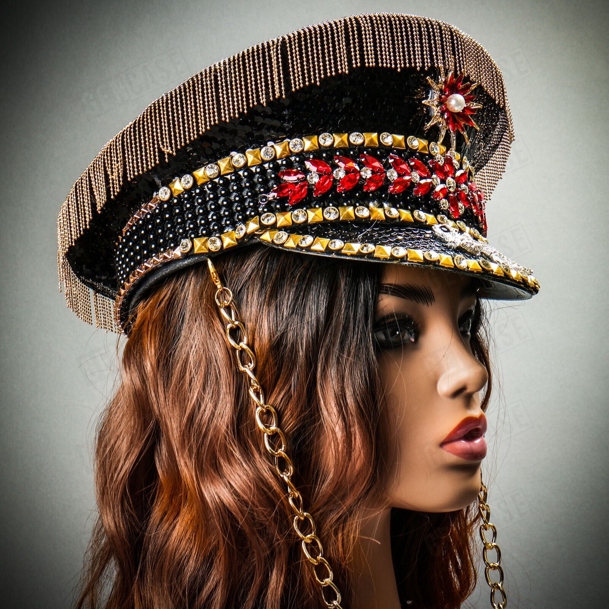Black Gold Steampunk Burning Man Captain Hat w/ Rhinestone 