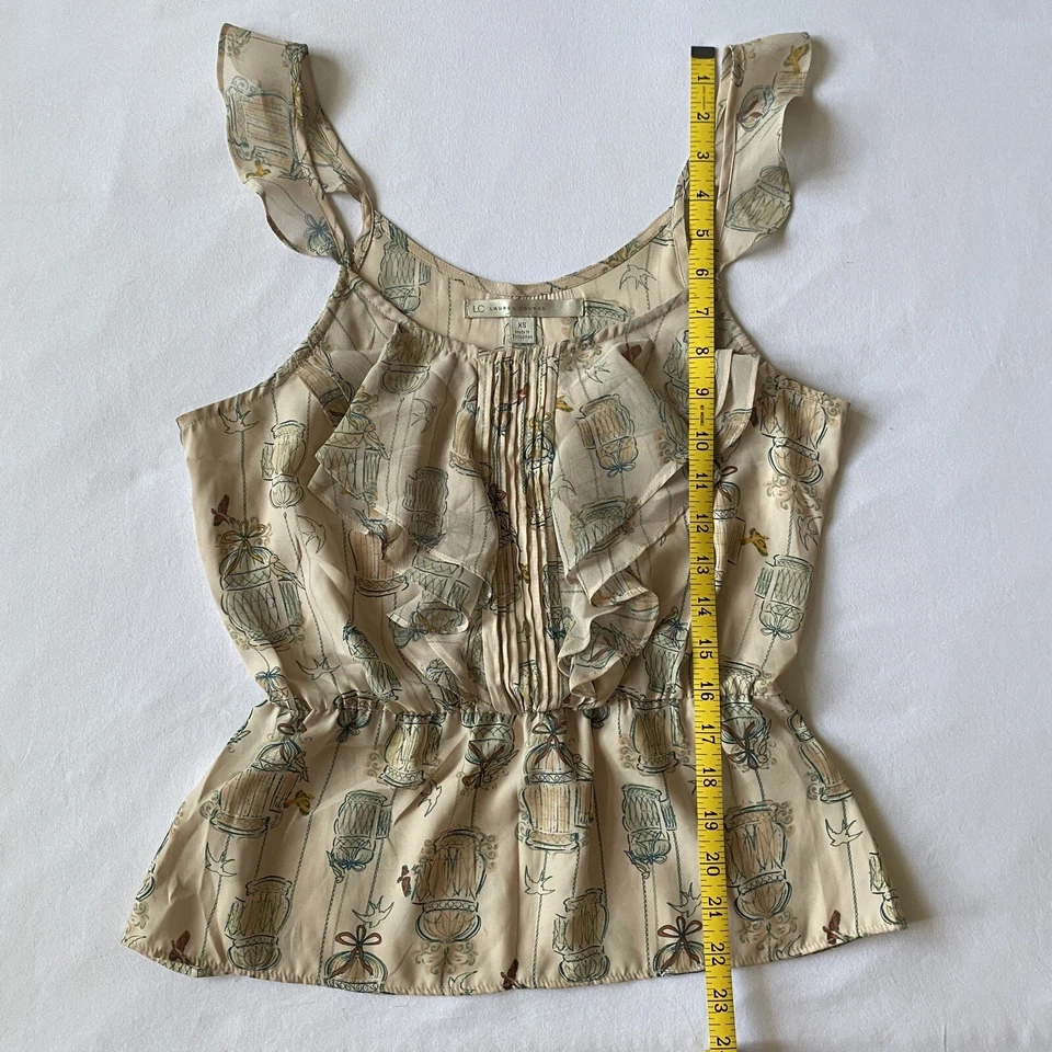 LC Lauren Conrad Top XS Chiffon Ruffle Pleated Stretch Elastic Waist Flare Birds - Image 3 of 4