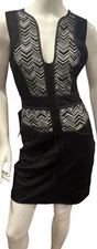 Bebe Medium Black White Chevron Sheath Lace Sectional Bodycon Mini Dress M NWT