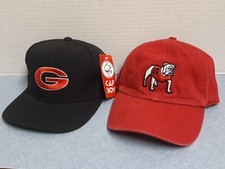 Two UGA Baseball Hats Black Cap Boy Snapback & Red Old Standing Dawg '47 Large