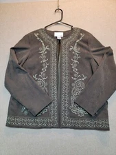SUSAN GRAVER Women's Blazer Size L Open Front Long Sleeve Embroidered Dark Olive