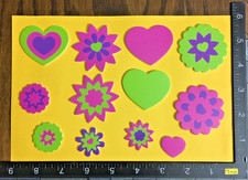 FLOWERS  HEARTS MULTICOLOR SHAPES, 12 SELF ADHESIVE FOAM - PAPER STICKERS