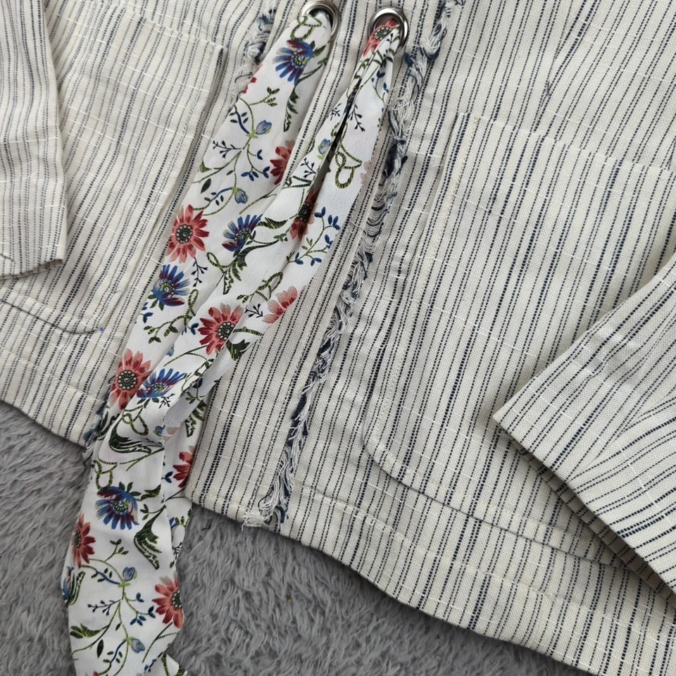 Blazer Cartonnier Mujer 6 Blanco Azul Rayas Flecos Mezcla de Lino Cinch Abrigo Deportivo Foto 4 de 4