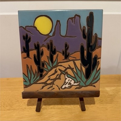 MOR Hand Painted Southwestern Desert Ceramic Tile Raised Relief Glazed Original