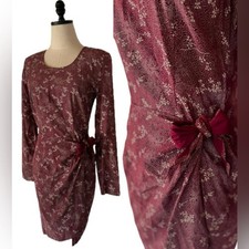Vintage Floral Print Wrap Dress Bow Detail Size Medium Burgundy Long Sleeve Midi