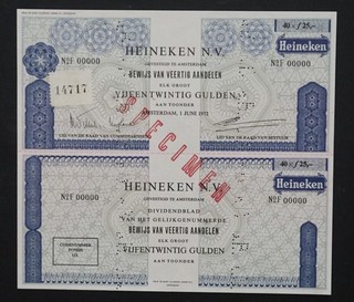 Netherlands Heineken Brewery Co. 1972 cert.for 40 shares SPECIMEN