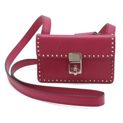 Valentino Rockstud Leather Shoulder Wallet Women Pink One Size