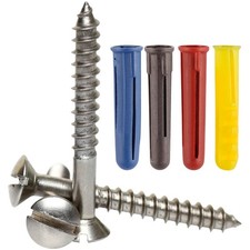 No6 - No12 A2 Stainless Steel Slotted Raised Wood Screws + Coloured Wall Plugs