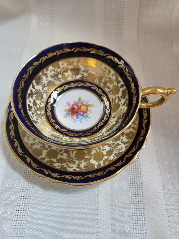 Vtg Paragon Cup Saucer, Cobalt  Bands, Gold Floral Chintz, Roses,  England