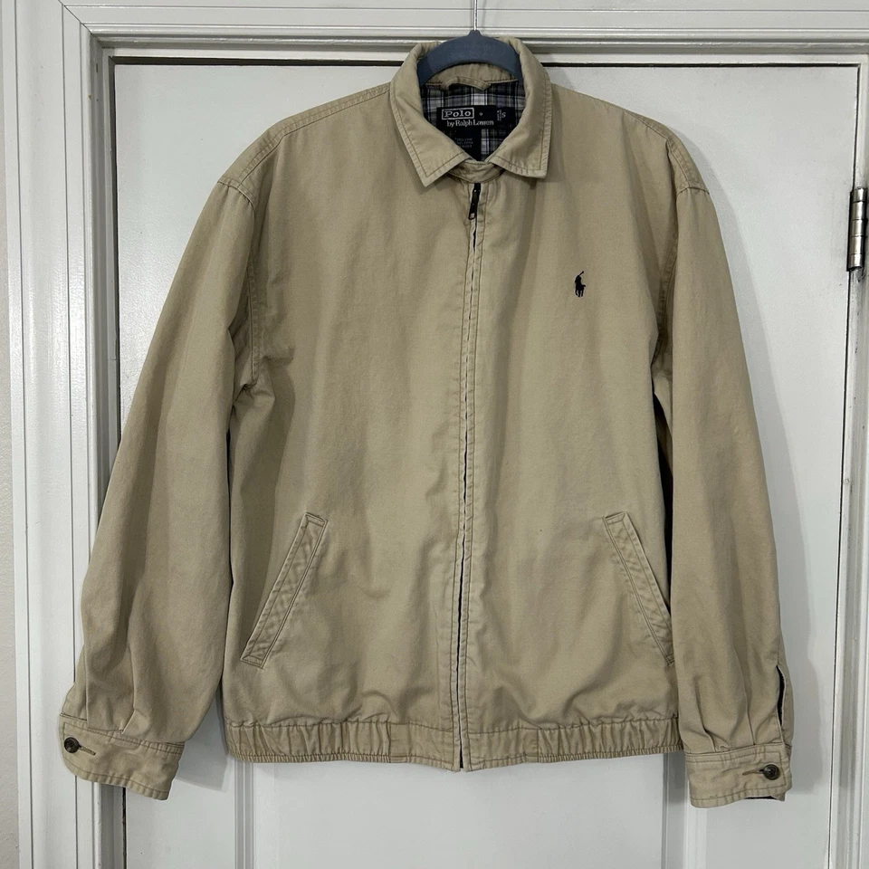 VTG Polo Ralph Lauren Harrington Jacket Mens S Beige Flannel Lined Bomber Jacket - Image 2 of 4