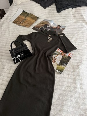 LAURA TORELLI Damen Etui-Kleid Midi Grün Langarm Stehkragen Strass Gr. XS/S