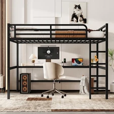 Metal Queen Size Loft Bed with Power Outlet and LED Lighted, Space-Saving Black