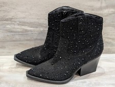 Black Rhinestone Embellished Ankle Boots with Block Heel 8M