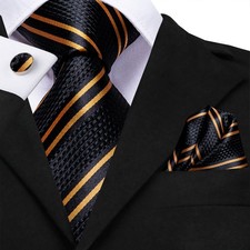 3 Pcs-Men's Tie Set Black Striped Necktie Pocket Square Cufflinks Wedding Party
