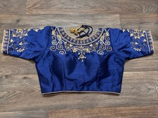 Sari Saree Indian Blue Choli Blouse Gold beaded 3/4 sleeve embroidered