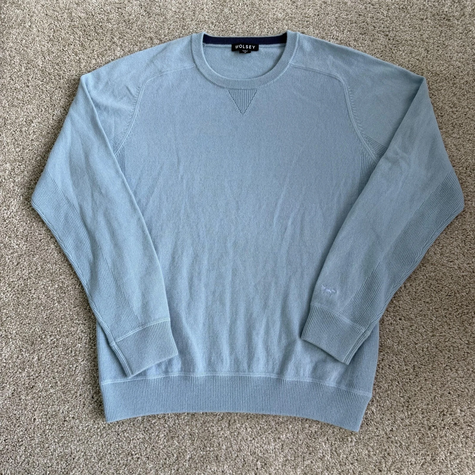 Wolsey Sweater Mens Medium Blue 100% Cashmere Tight Knit Crewneck Pullover Logo