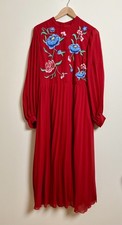 ASOS Pleated Dress Romantic Festive Embroidered Lined Red Size UK 16