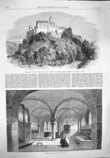 Original Old Antique Print 1862 Castle Wartburg Germany Patmos Luther Chapel