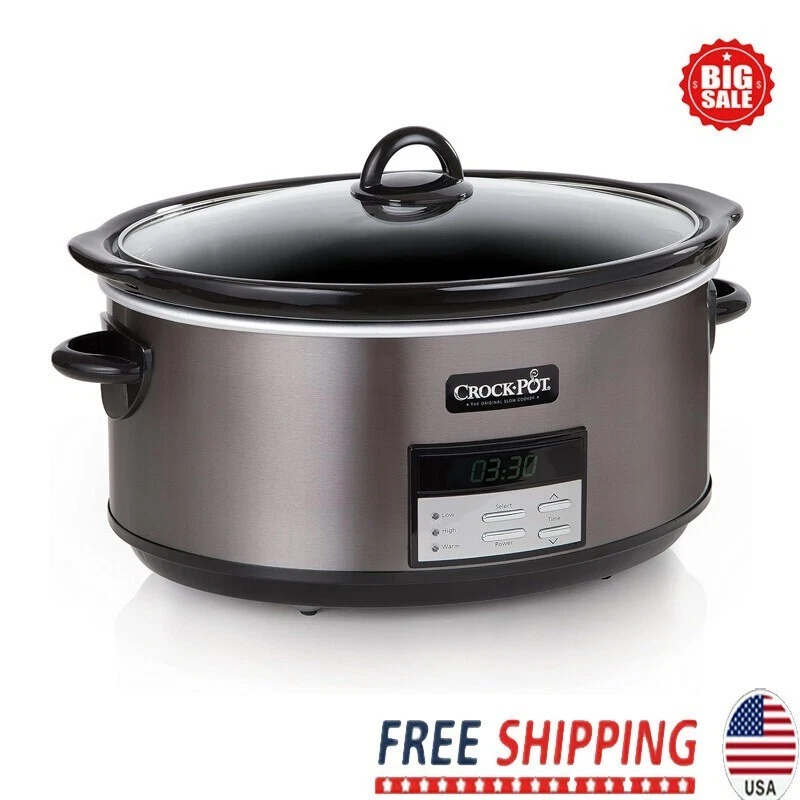Large 8 Quart Programmable Slow Cooker w/ Auto Warm Setting Cookbook Black New