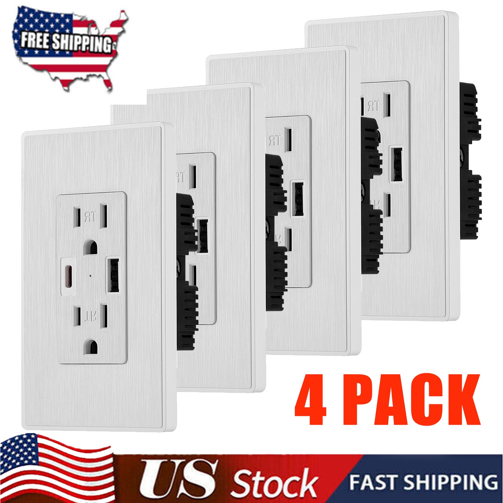 4 X Electrical Outlet Panel Wall Socket AC Power Dual USB Port TYPE-C USB-A 15A