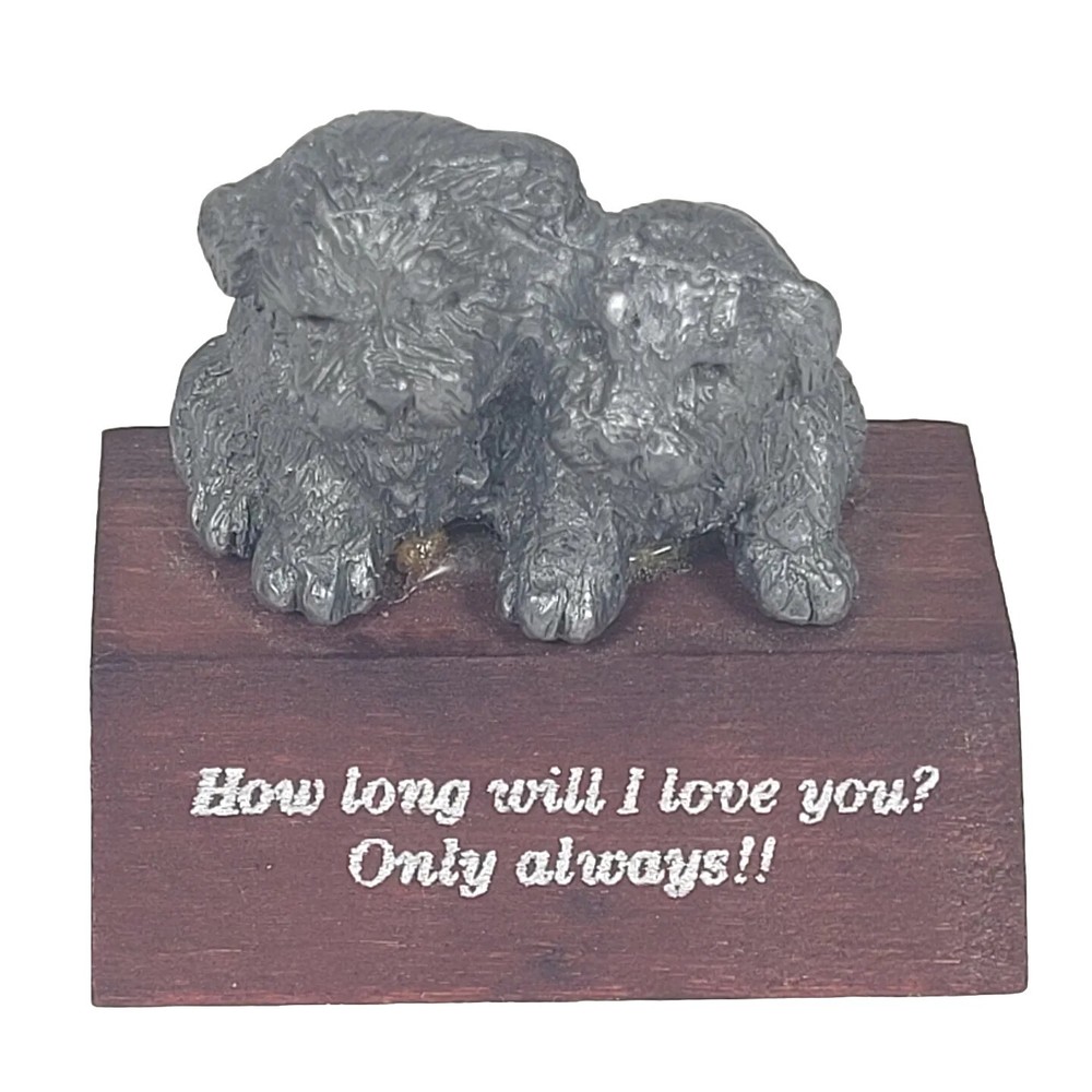 Pewter Puppy Figurine On Wood Block How Long will I Love You? Vintage Puppies