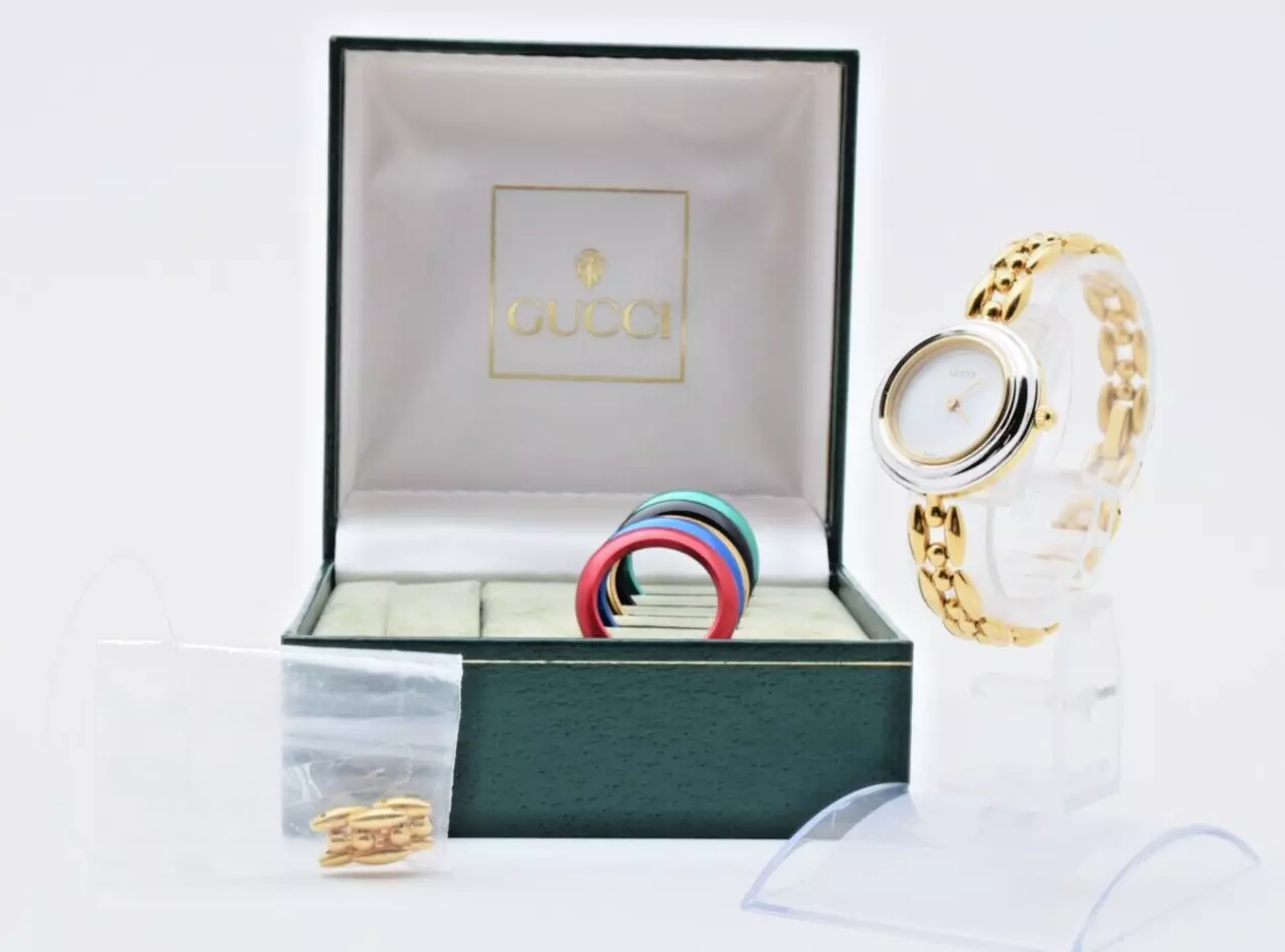 [Presque comme neuve / boîte] Montre femme Gucci 11/12 6 couleurs lunette changeante or Qz JAPON