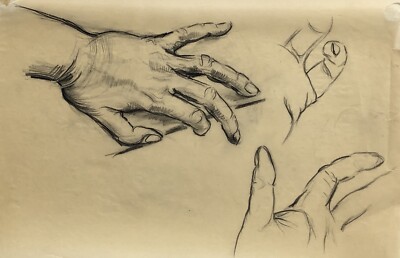 Pencil Drawing Sketch Study Hands Fingers Old Antique Around 1900 31x21cm