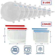 8 Stretch Silicone Food Cover Lids (Largest Sizes XXL-XS) 4 Silicone Bags