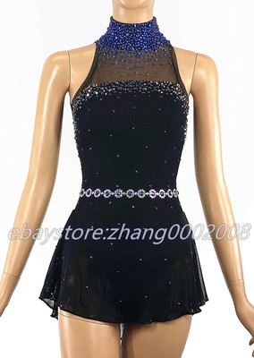 Black Ice Skating Dress with Shiny stones on/Sleeveless/High neckline/Handmade