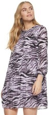 Women's Nine West Purple Black Zebra Crystal Pleated Knot-Neck Shift Dress Small