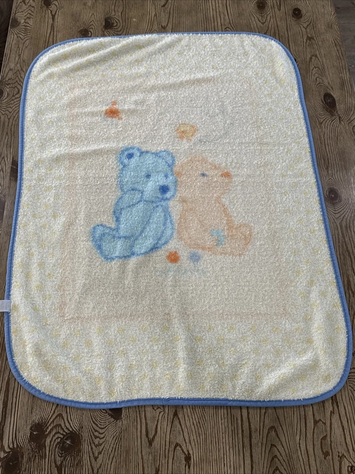 Manta de peluche Child of Mine amarillo azul 2 osos pájaro sol felpa cuna bebé Foto 3 de 4