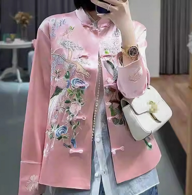 Ethnic Women Embroidered Flower Birds Satin Chinese Style Co