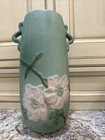 Weller Pottery 1930s Double Handled Wild Rose Dogwood Vase  Sea Foam Green 13"