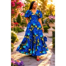 NWT! Christopher John Rogers Target Floral Puff Sleeve Maxi Dress Blue Yellow 0