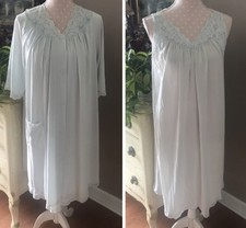Vintage Shadowline Nightgown  Robe SET Large Baby Blue Nylon Lace Trim Rosettes
