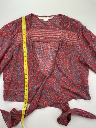 Veronica Beard Women's Red Floral Cropped Self-Tie Front Wrap Blouse Topper Med - Picture 9 of 13