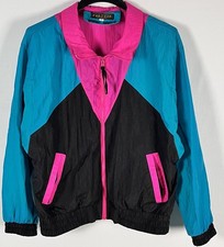 Vintage 90s Neon Windbreaker Jacket Womens M Unlined Zip Front Colorful Forteza