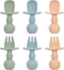 Baby Spoons and Forks Feeding Set, 6 Pack Silicone First Stage Self Feeding T...