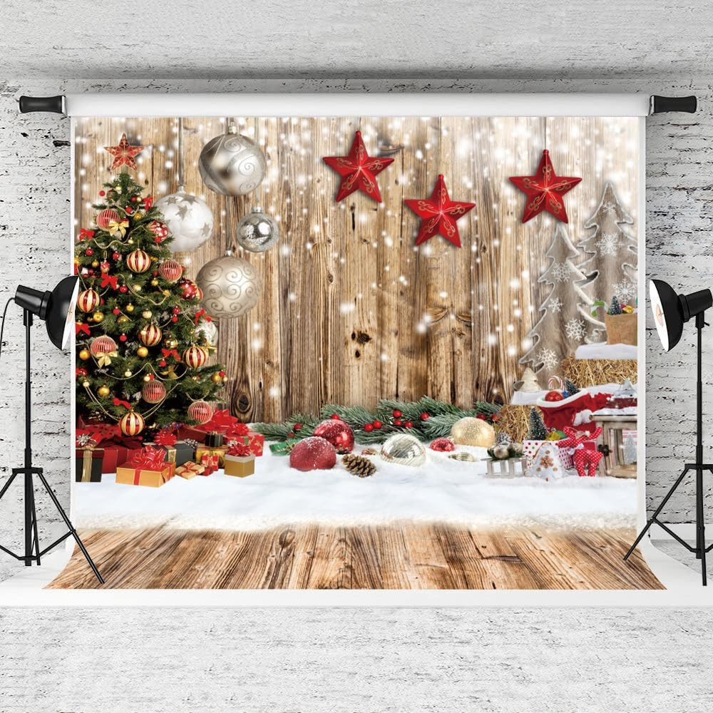 8X8FT Wood Wall Photography Backdrop Wood Floor Backdrop Winter Snow Xmas Tree G