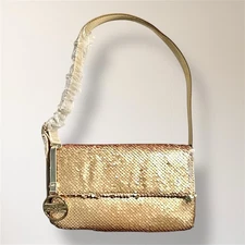 New Nicole Miller Gold Sequin Shoulder Bag Clutch Evening Purse Holiday Party