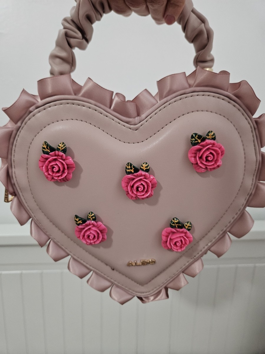 ALDO Heart-Shaped Crossbody Purse w/ Pink Roses & Green Leaves NWT