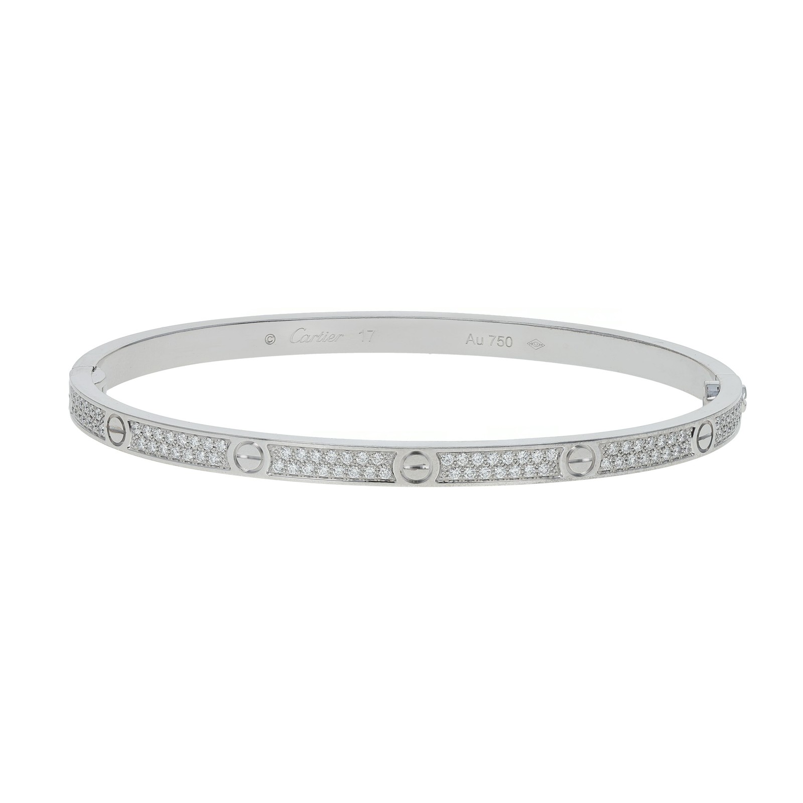 Cartier Love 18k White Gold Pave Diamond Bangle Bracelet Size 17