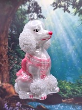 White Poodle Dog in Pink Costume Blown Glass Christmas Ornament